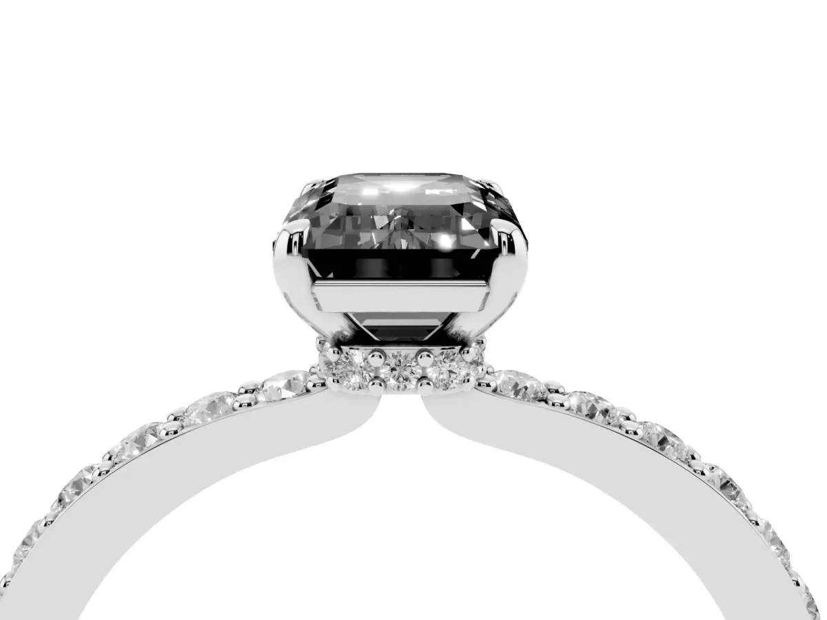 Fancy Black Emerald Cut Diamond Pavé Engagement Ring with Round Accents and Prong Setting Silver