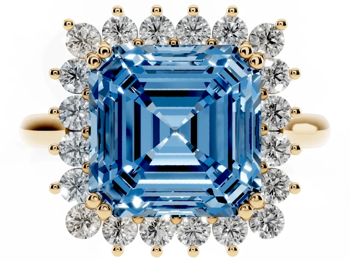 Fancy Blue Asscher Cut Cut Diamond Halo Ring with Solitaire Band and Prong Setting Yellow gold