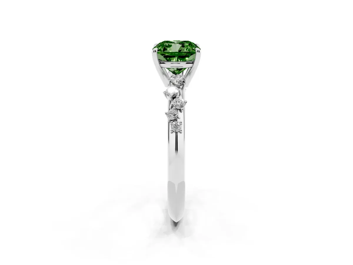 Fancy Green Cushion Cut Diamond Cluster Side Stone Solitaire Ring with Prong Setting Platinum