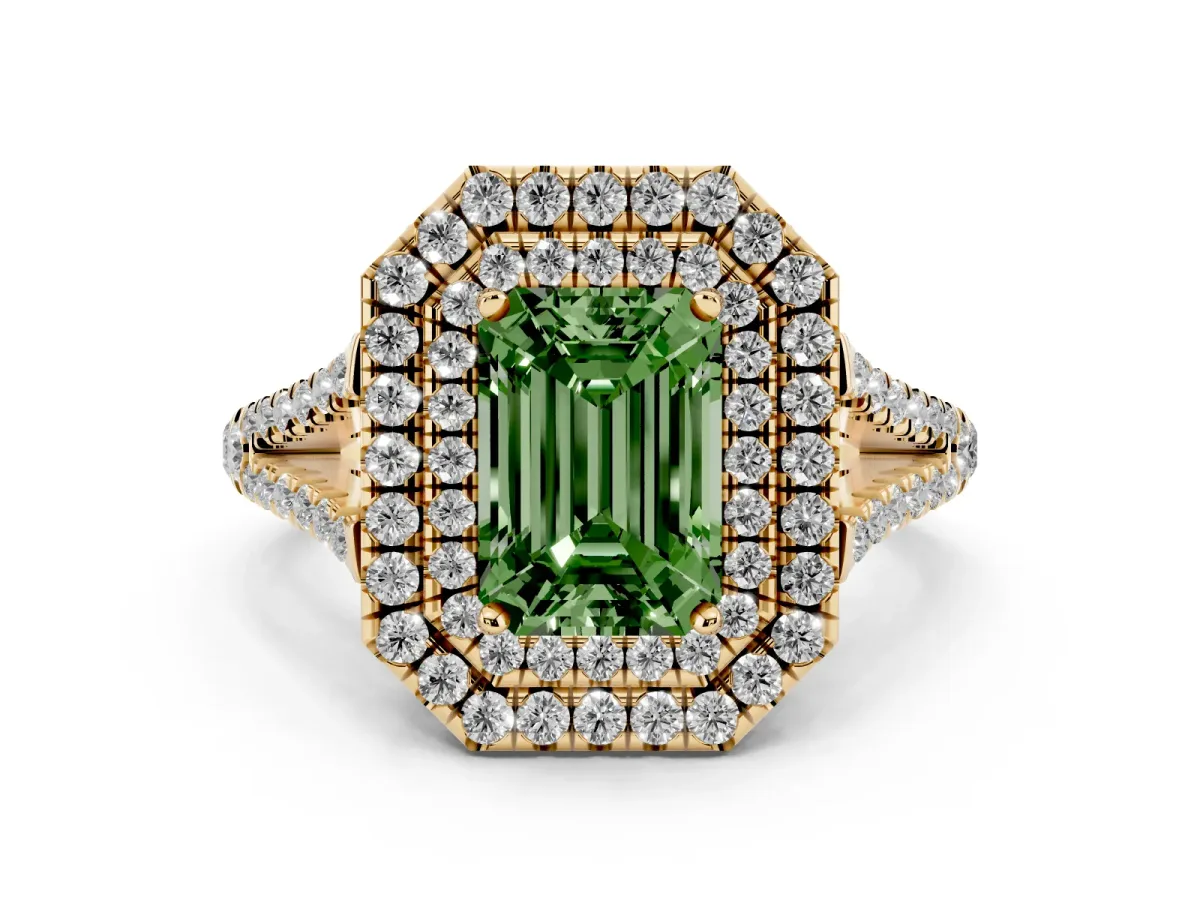 Fancy Green Emerald Cut Diamond Double Halo Ring with Pavé Band and Prong Setting Yellow gold