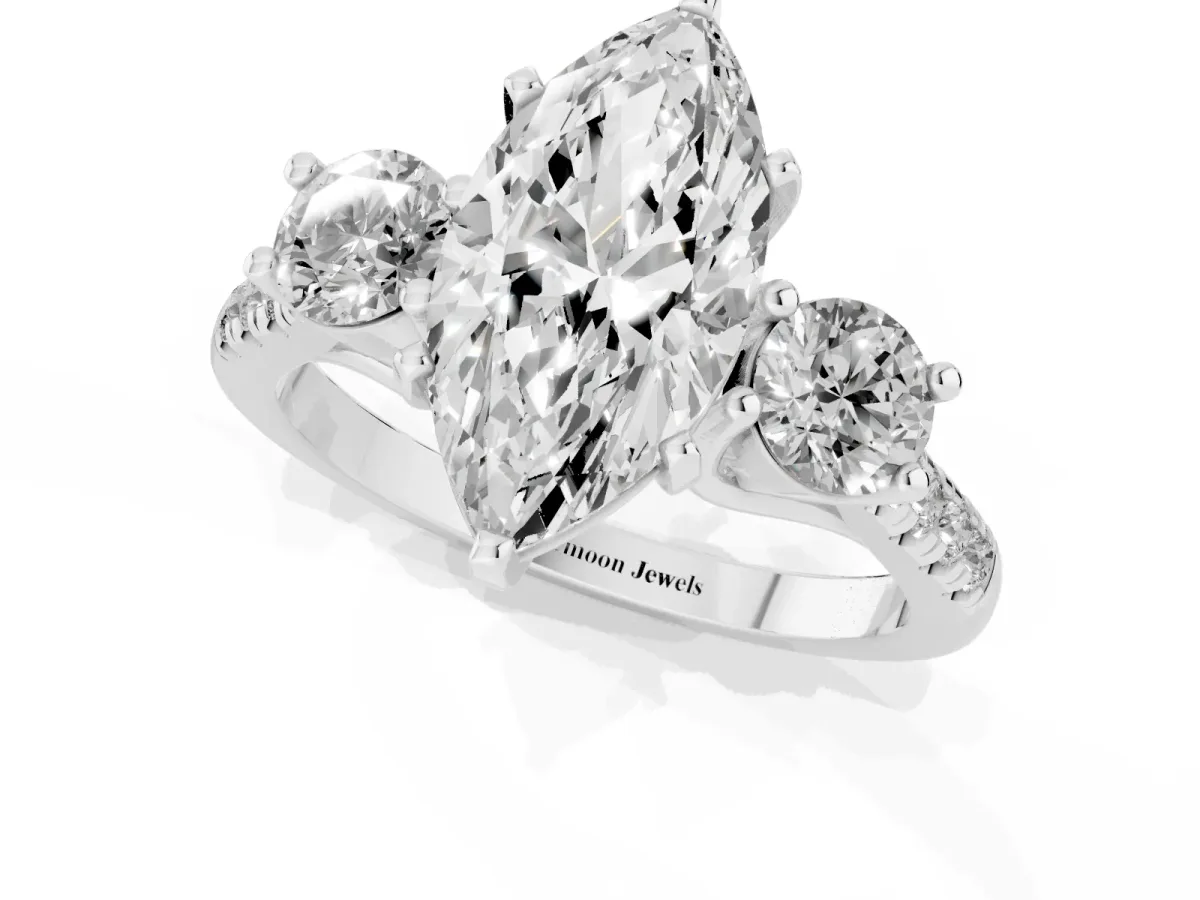 Three-Stone Marquise Cut Diamond Pavé Band with Four-Prong Setting Silver