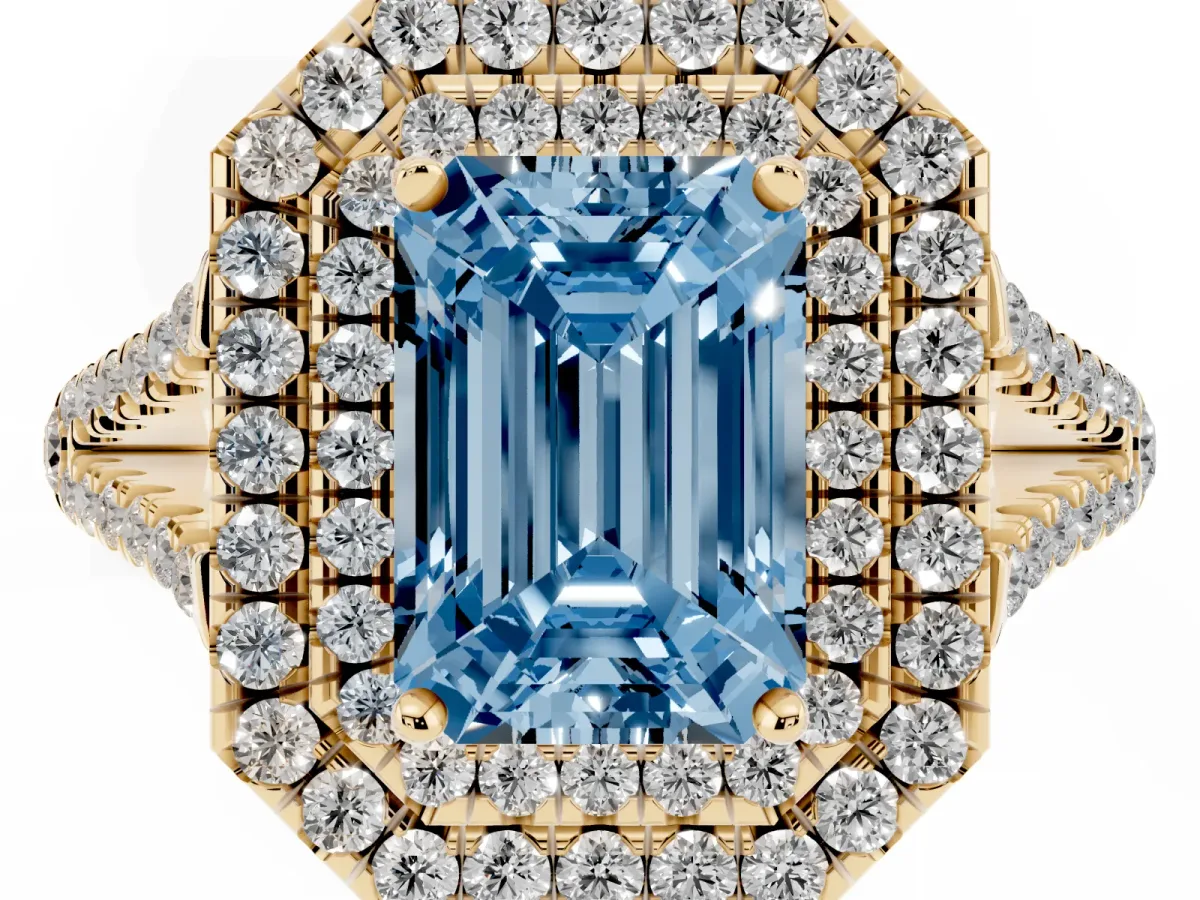 Fancy Blue Emerald Cut Diamond Double Halo Ring with Pavé Band and Prong Setting Yellow gold
