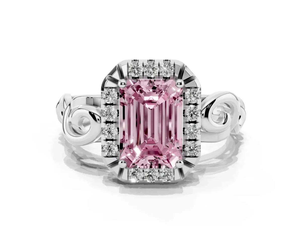Fancy Pink Emerald Cut Cut Halo Diamond Ring with Scrollwork Band and Four-Prong Setting Silver