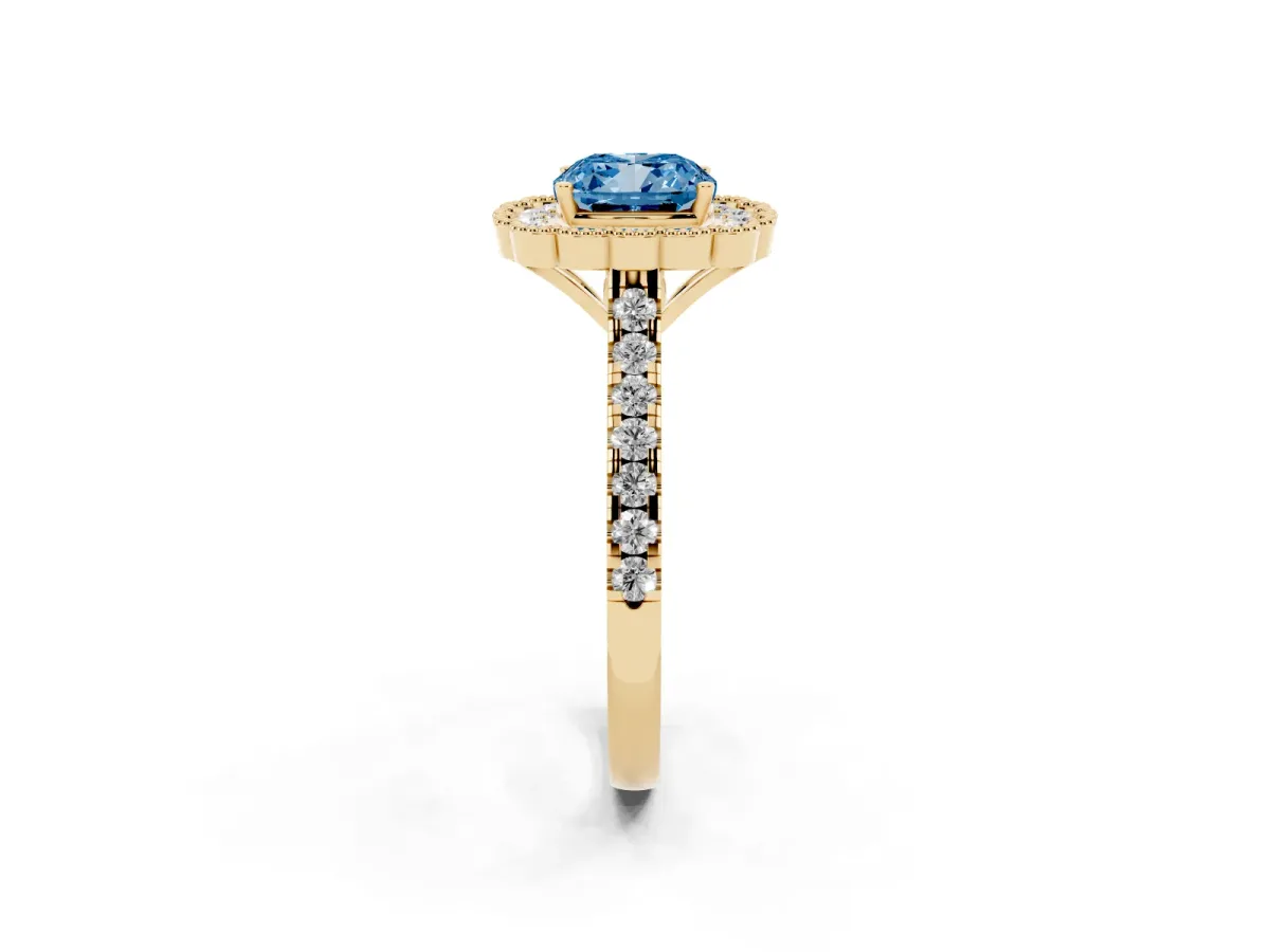 Fancy Blue Cushion Cut Cut Diamond Milgrain Floral Halo Engagement Ring with Pavé Band Yellow gold