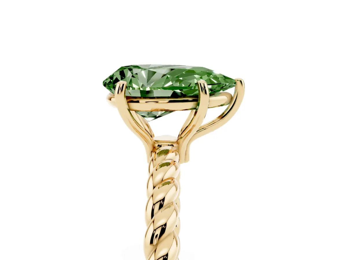 Fancy Green Pear Cut Solitaire Twist Band Ring with Four-Prong Setting Yellow gold