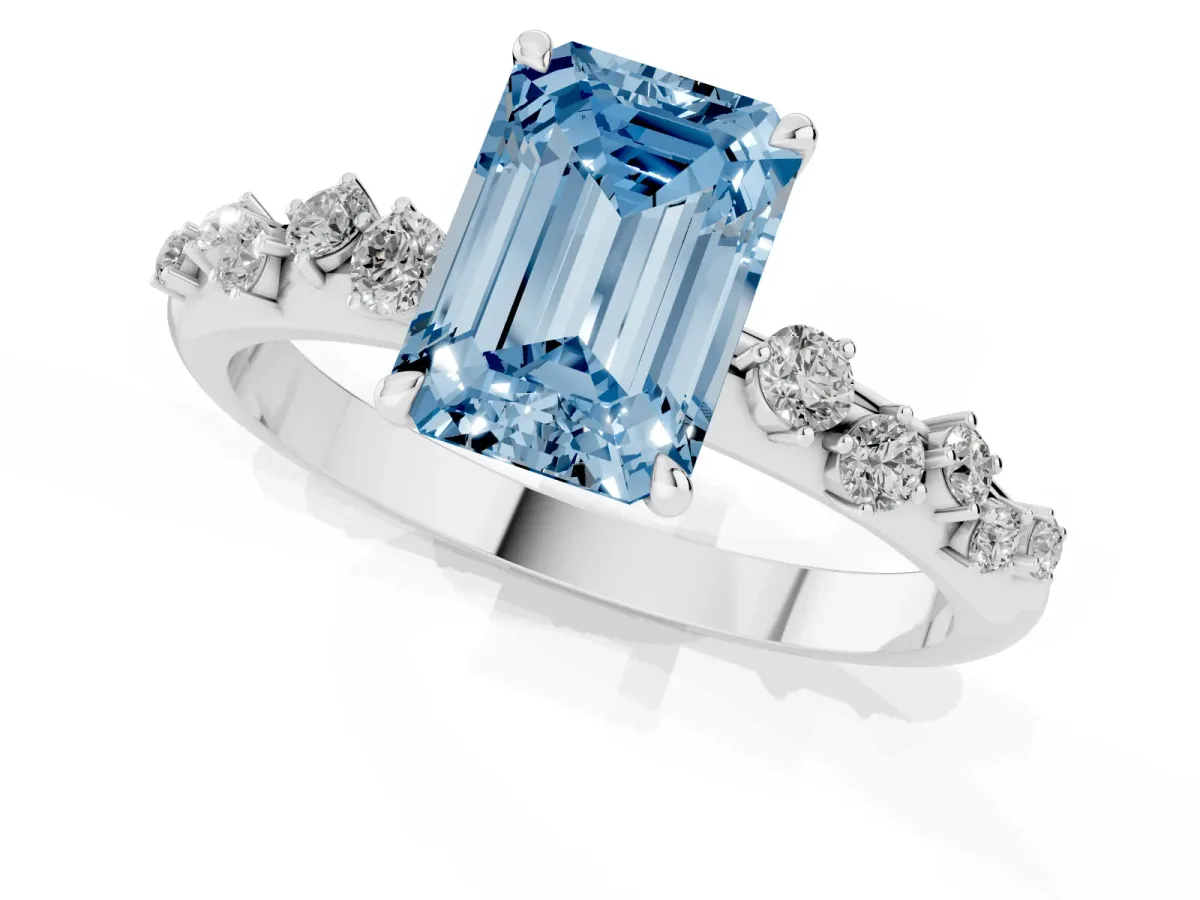 Fancy Blue Emerald Cut Diamond Cluster Prong-Set Solitaire Ring White gold