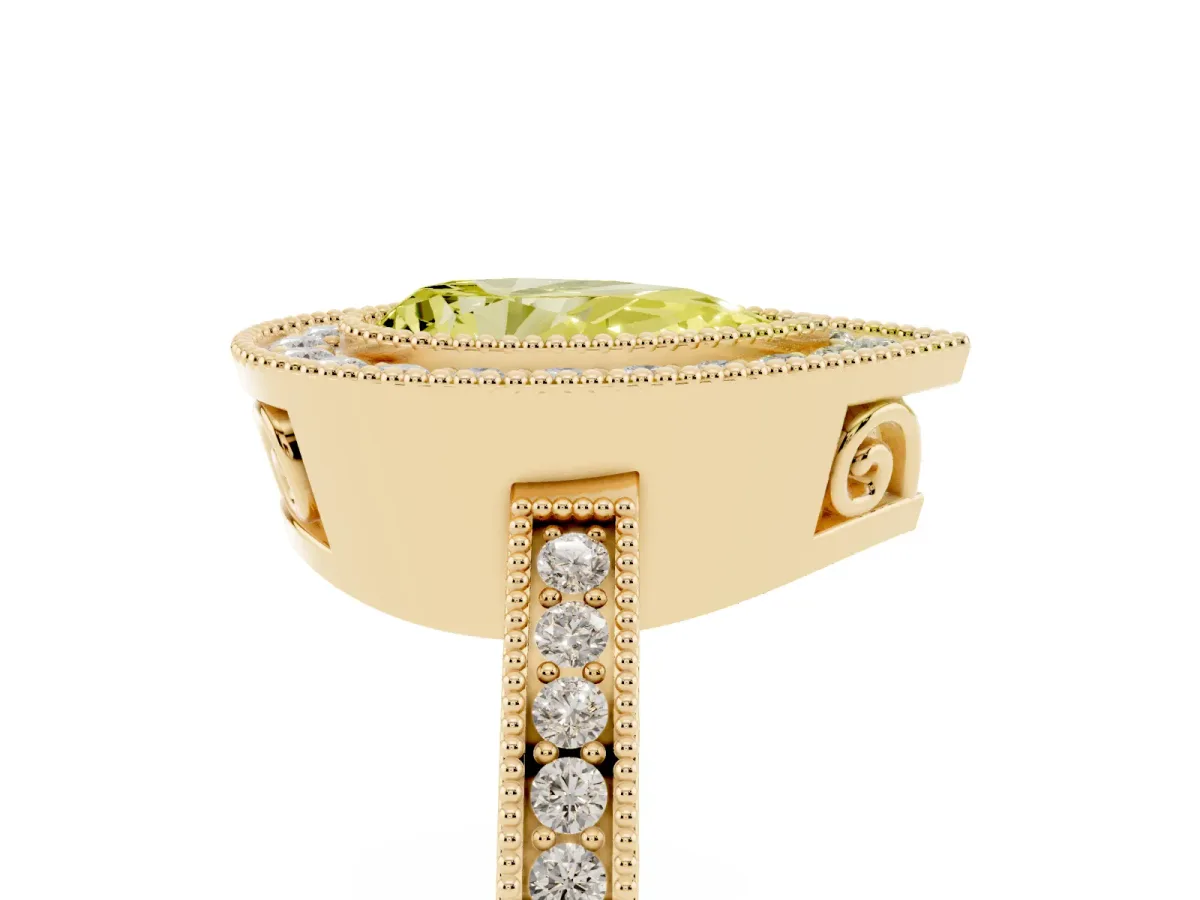 Fancy Yellow Pear Cut Cut Halo Diamond Ring with Pavé Band and Milgrain Prong Setting Yellow gold
