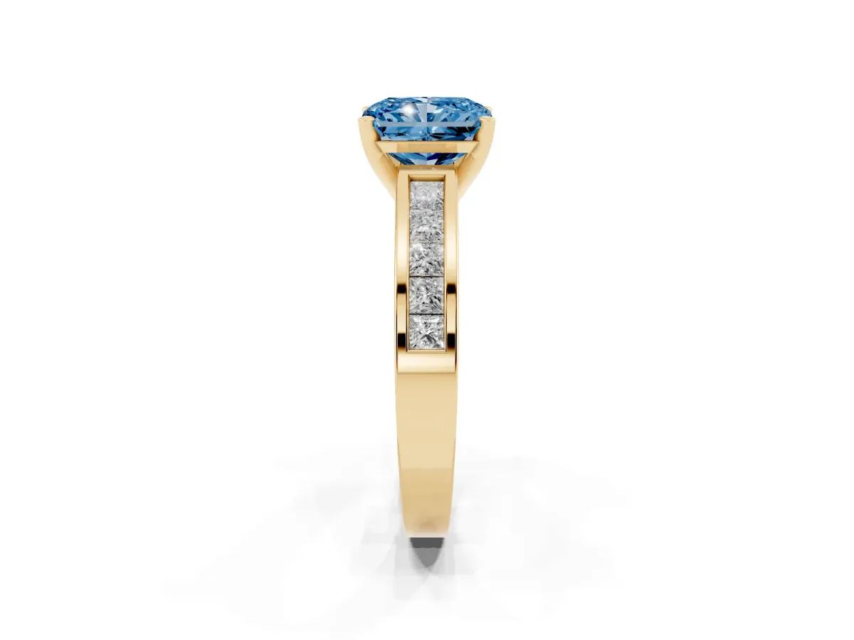 Fancy Blue Radiant Cut Solitaire Diamond Ring with Channel-Set Band and Four-Prong Setting Yellow gold