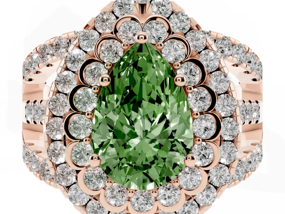 Fancy Green Pear Cut Diamond Double Halo Ring with Round Pavé Split Shank and Prong Setting Rose gold
