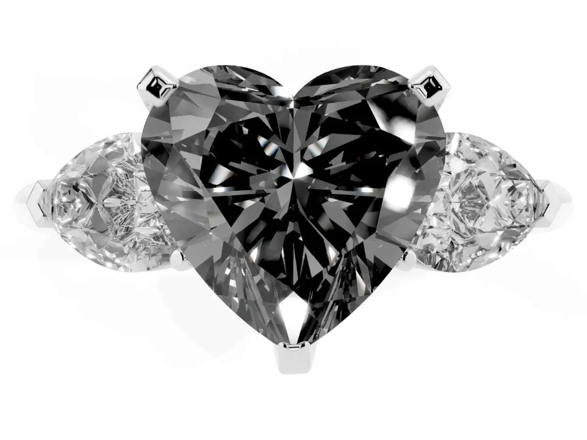 Fancy Black Three-Stone Heart Cut Diamond Ring with Pear Side Stones and Four-Prong Setting Silver