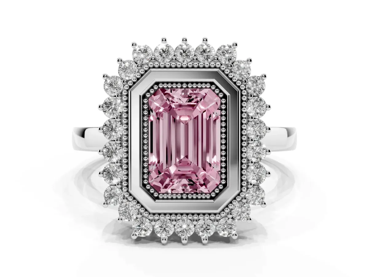 Fancy Pink Emerald Cut Halo Diamond Ring with Milgrain Edge and Round Prong Setting Silver