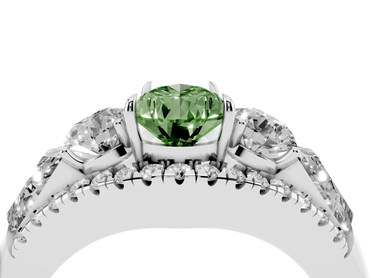 Fancy Green Three-Stone Pear Cut Diamond Engagement Ring with Pave Band and Prong Setting Platinum
