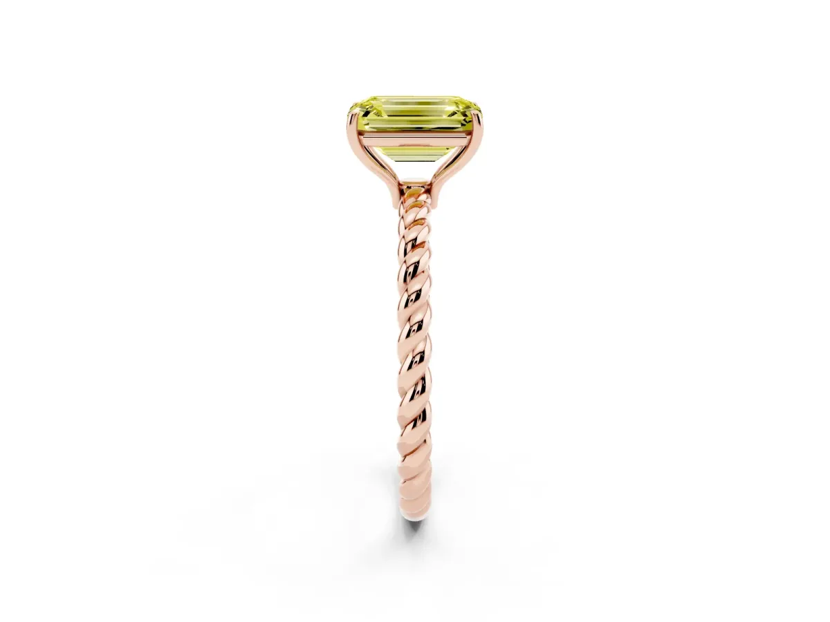 Fancy Yellow Emerald Cut Solitaire Twist Band Ring with Four-Prong Setting Rose gold