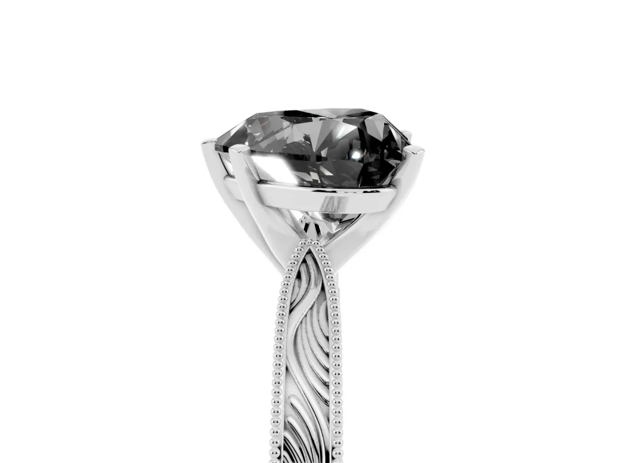 Fancy Black Heart Cut Solitaire Milgrain Engraved Band with Four-Prong Setting Silver