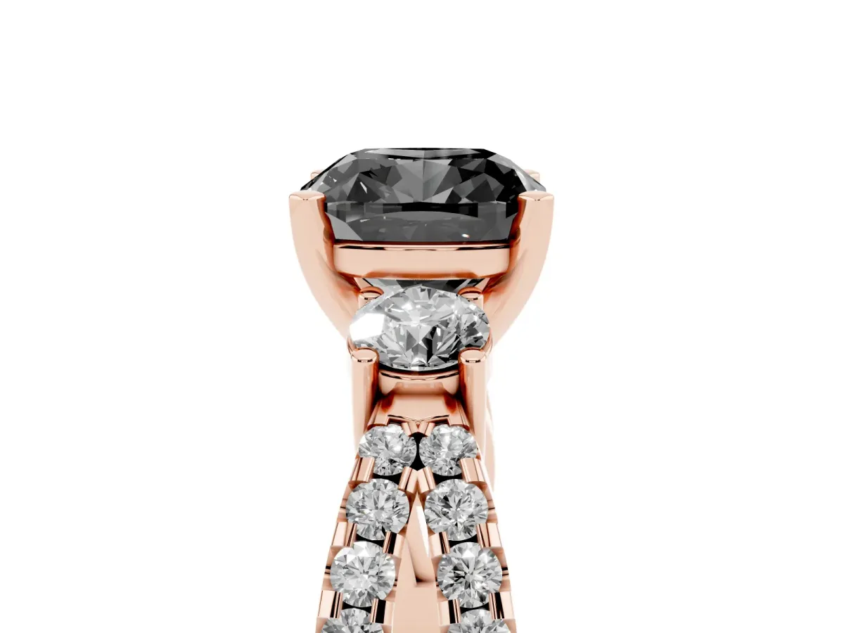 Fancy Black Cushion Cut Diamond Three-Stone Ring with Pavé Split Shank and Four-Prong Setting Rose gold