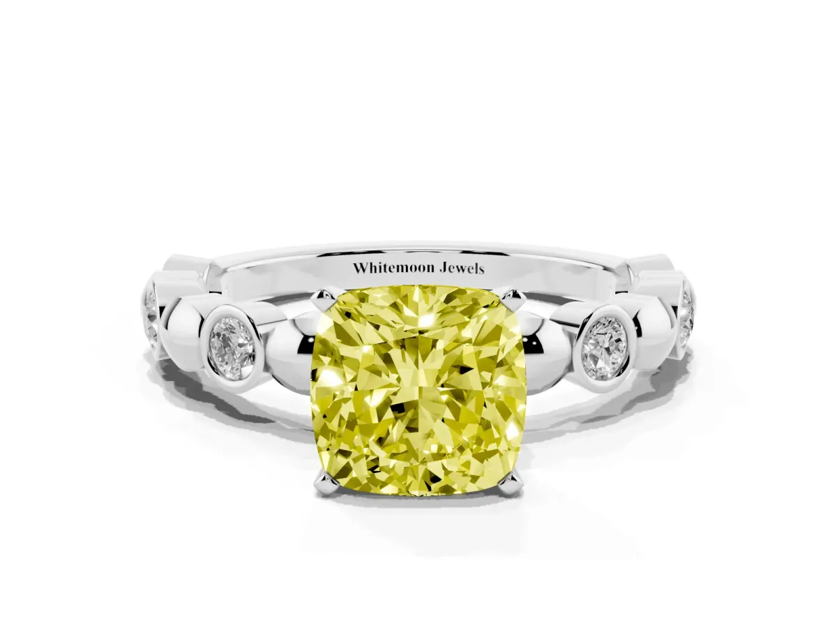 Fancy Yellow Cushion Cut Solitaire Bezel-Set Diamond Ring with Beaded Band and Four-Prong Setting Silver