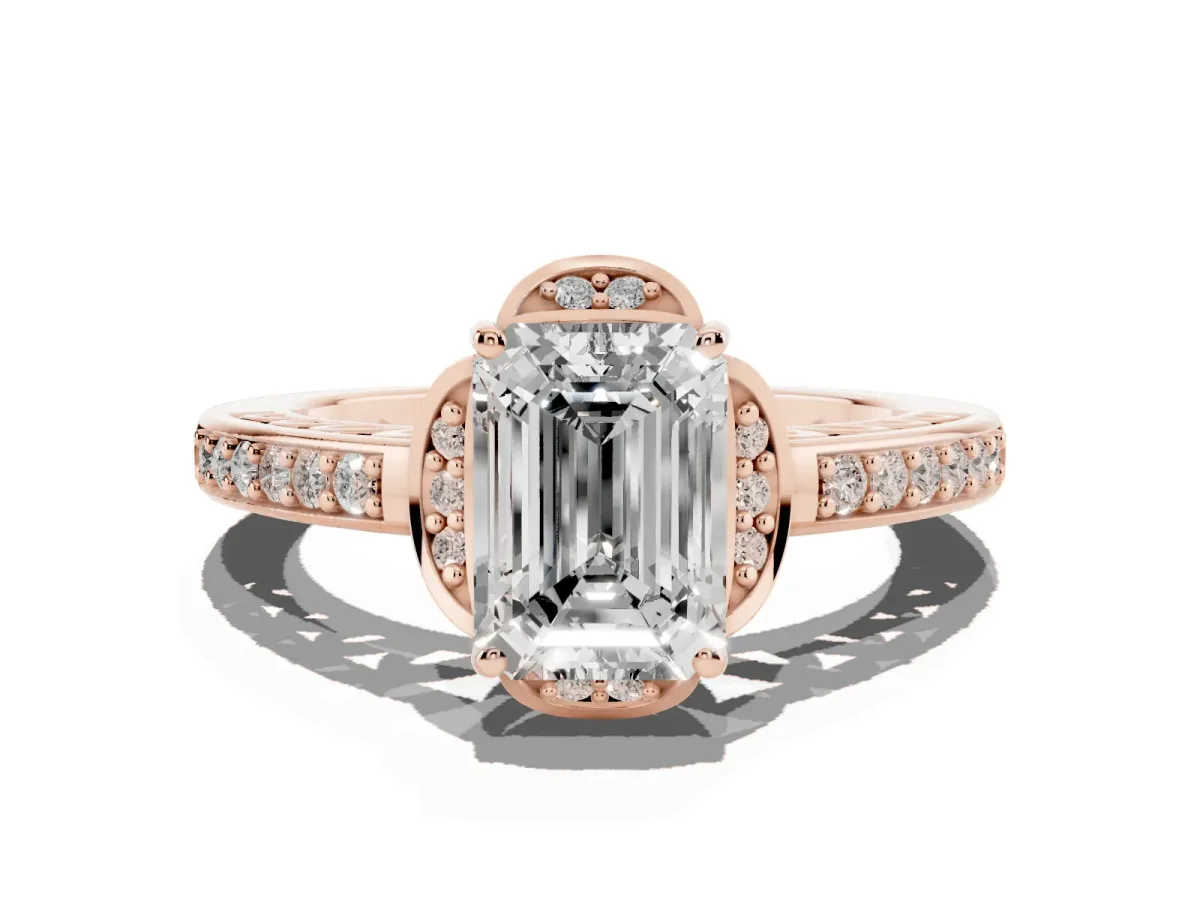 Emerald Cut Cut Halo Diamond Ring with Channel Set Band and Four-Prong Setting Rose gold