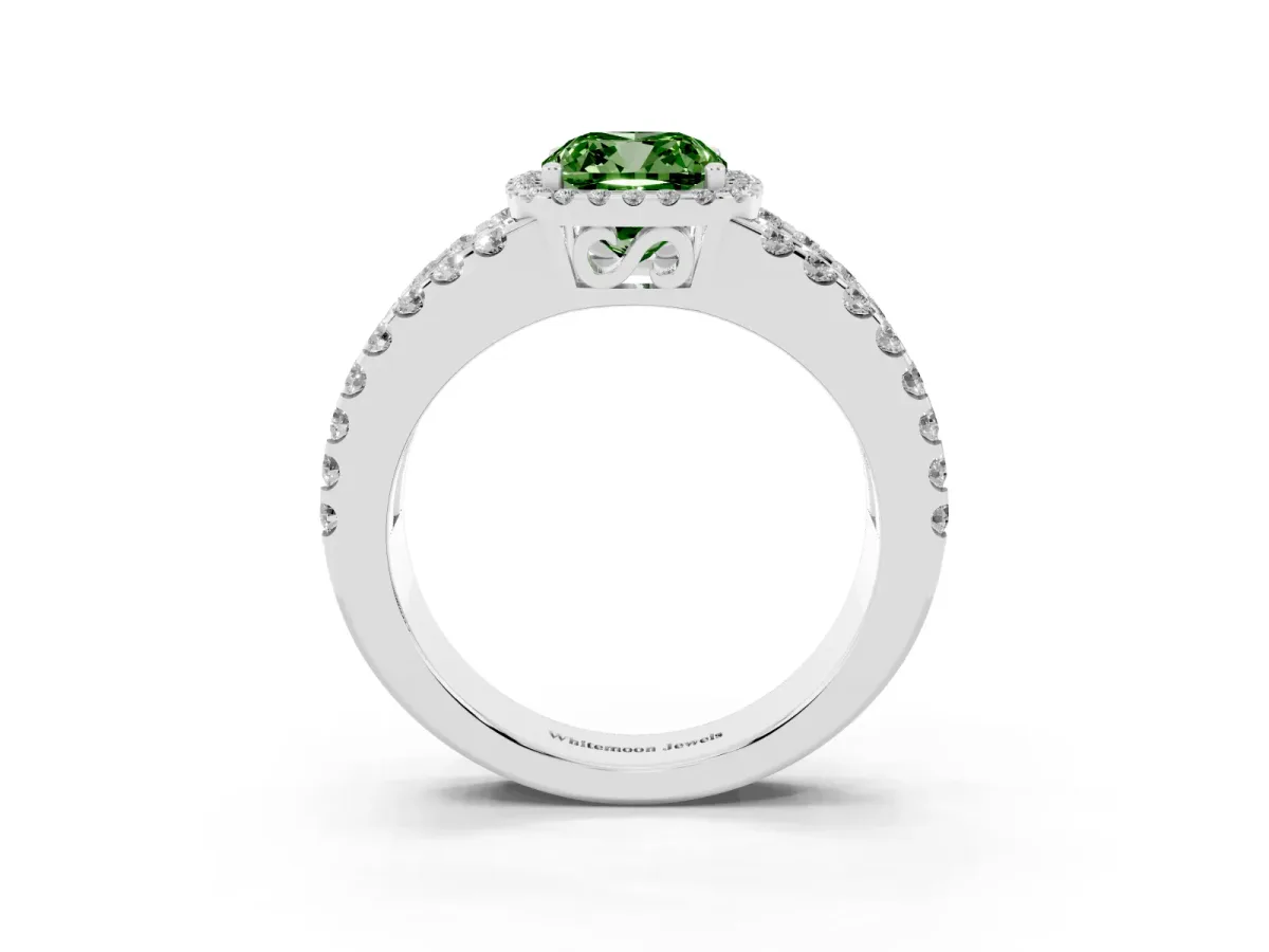Fancy Green Cushion Cut Cut Halo Split Shank Diamond Ring with Four-Prong Setting Silver