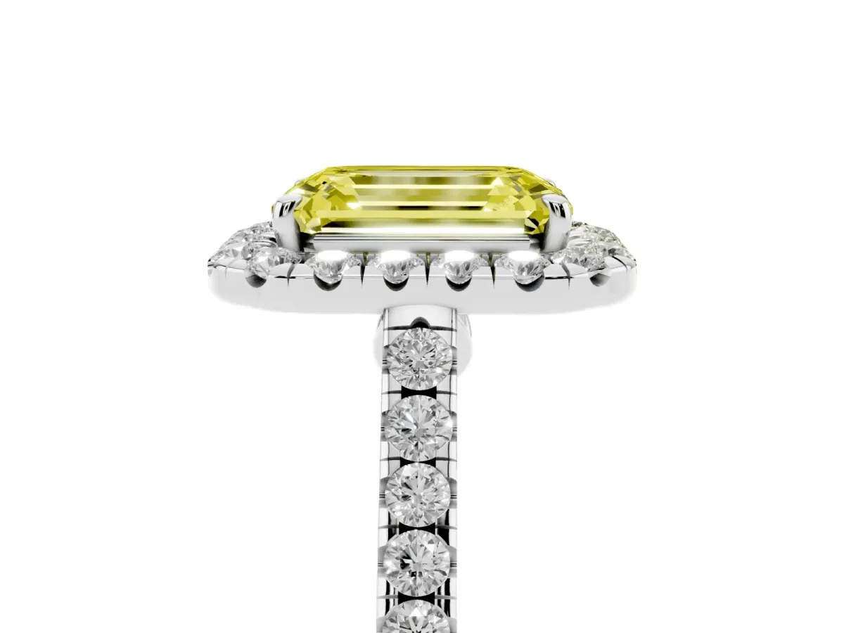 Fancy Yellow Emerald Cut Halo Pave Diamond Engagement Ring with Four-Prong Setting Silver