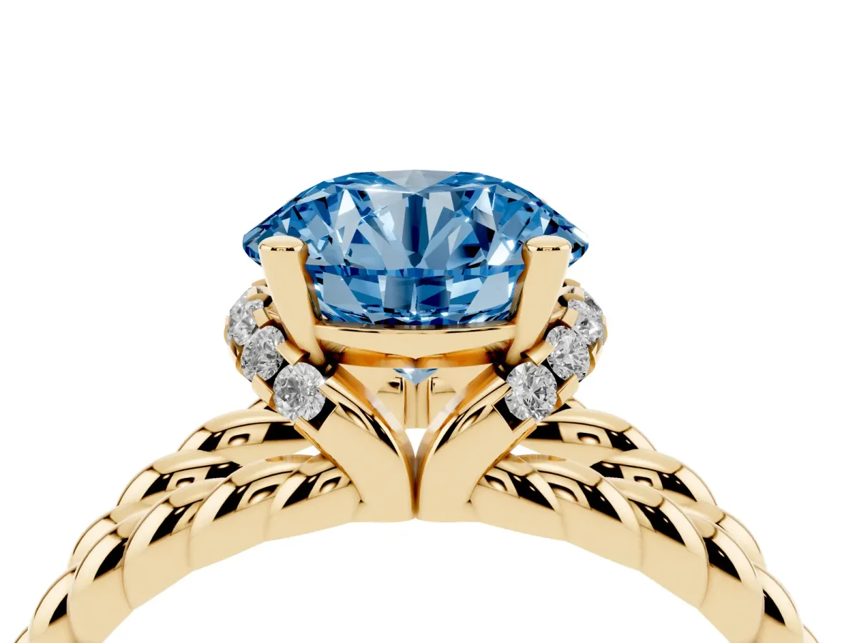 Fancy Blue Round Cut Halo Twisted Band Four-Prong Ring Yellow gold