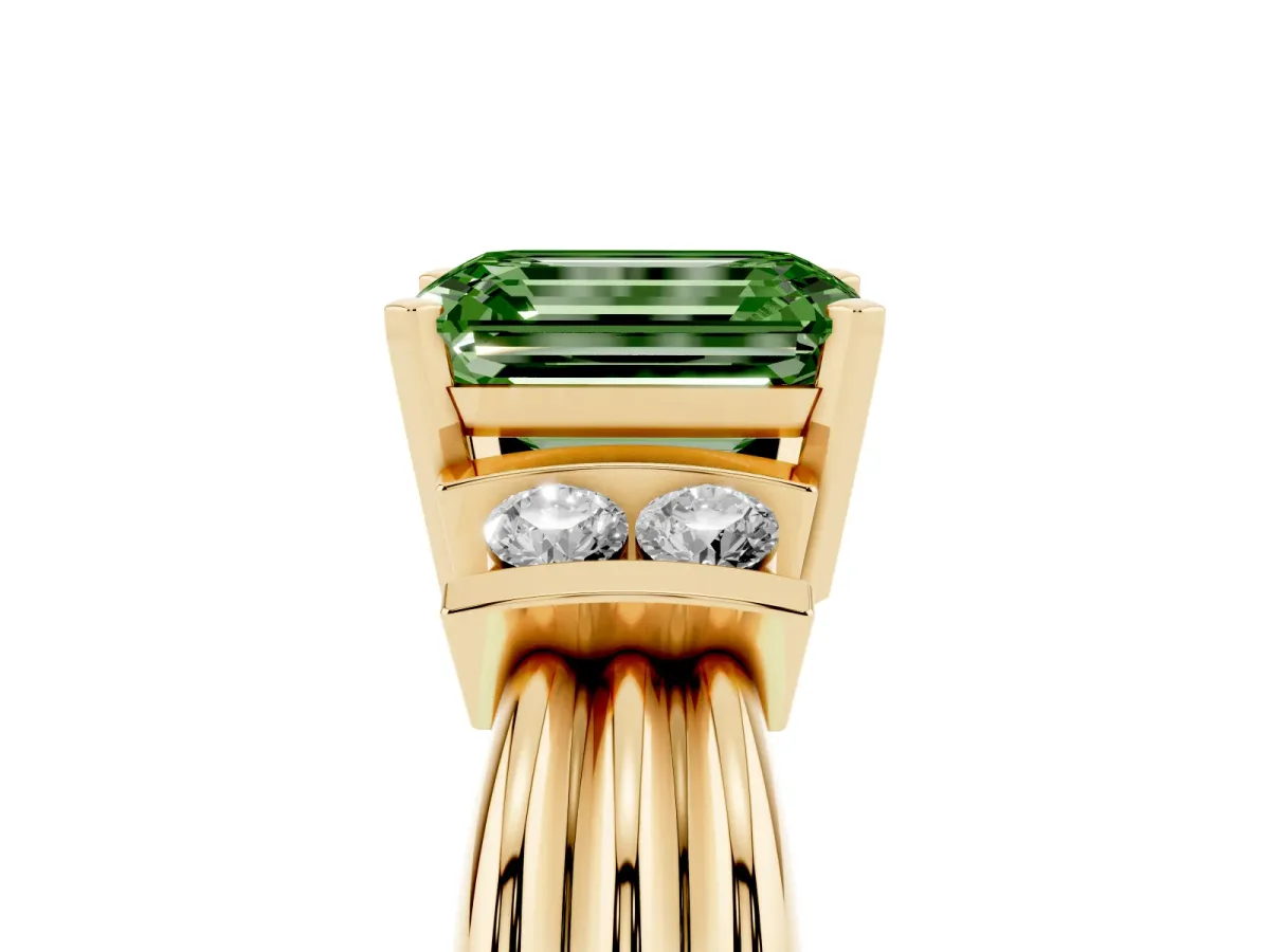 Fancy Green Emerald Cut Cut Three-Stone Channel Set Ring with Bar Prongs Yellow gold