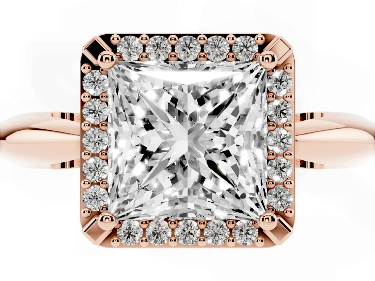 Princess Cut Cut Diamond Halo Engagement Ring with Split Shank and Four-Prong Setting Rose gold