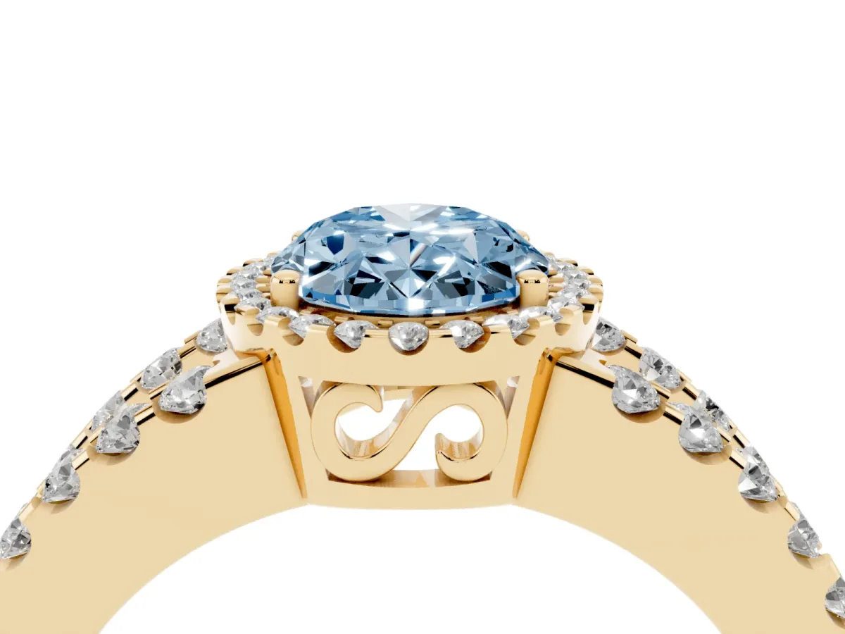 Fancy Blue Oval Cut Cut Halo Split Shank Diamond Ring with Four-Prong Setting Yellow gold
