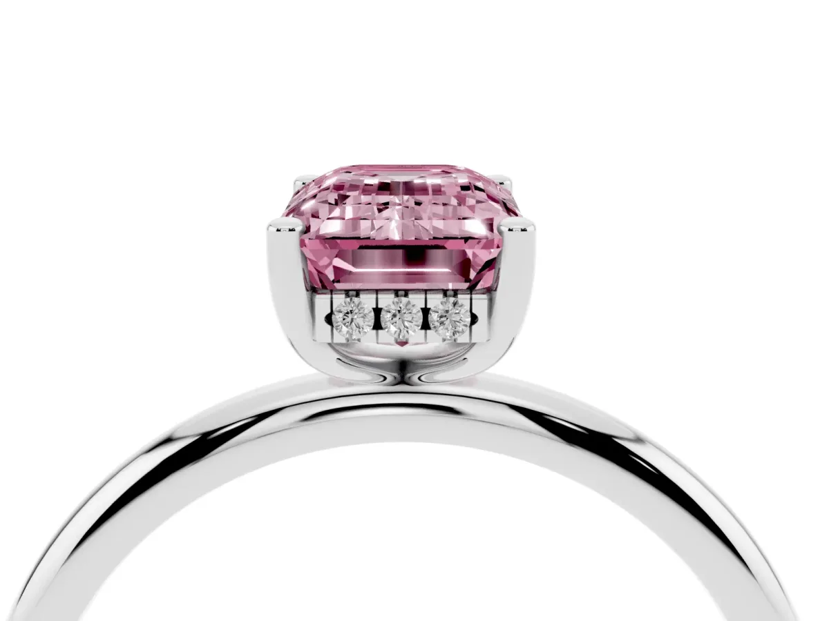 Fancy Pink Emerald Cut Cut Solitaire Engagement Ring with Four-Prong Setting and Classic Band Platinum