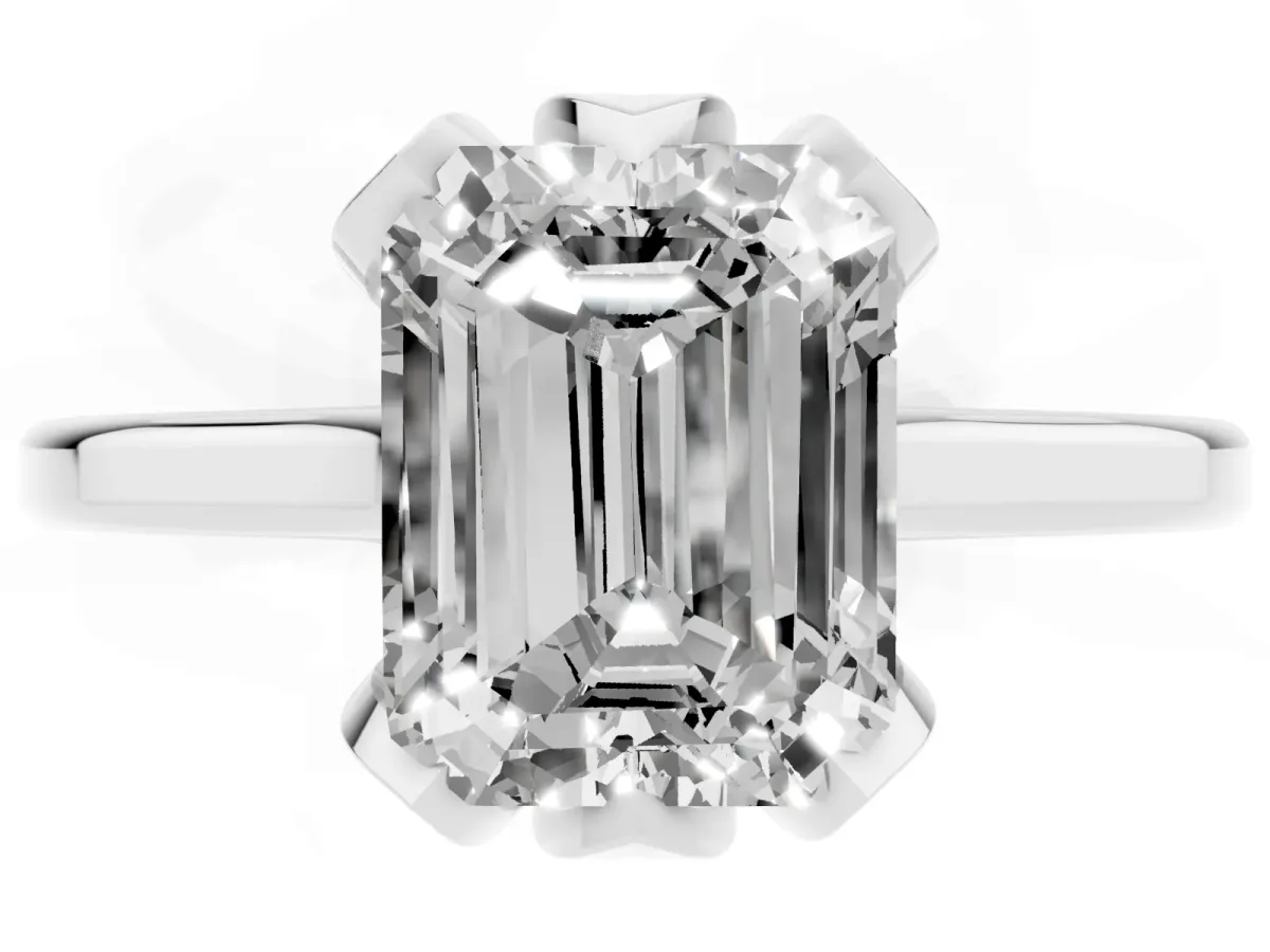 Emerald Cut Diamond Solitaire Ring with Flower Prong Setting and Classic Band Platinum