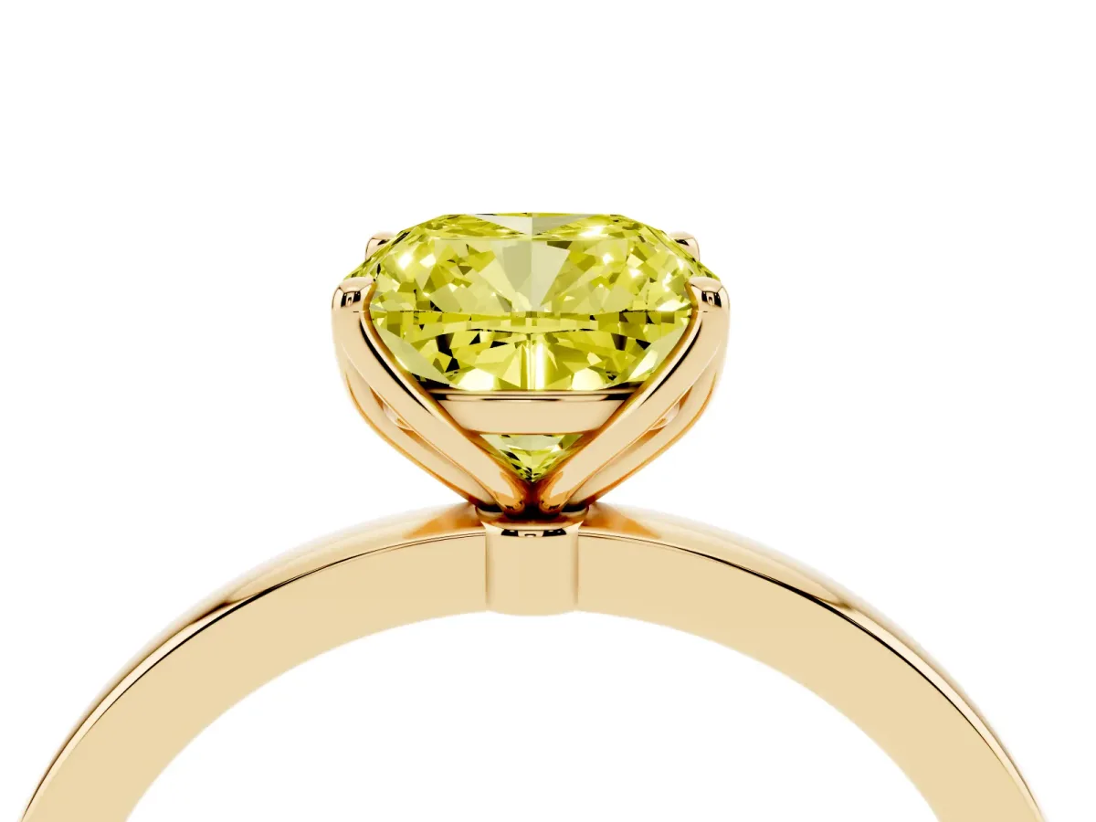 Fancy Yellow Cushion Cut Diamond Solitaire Ring with Thin Band and Prong Setting Yellow gold