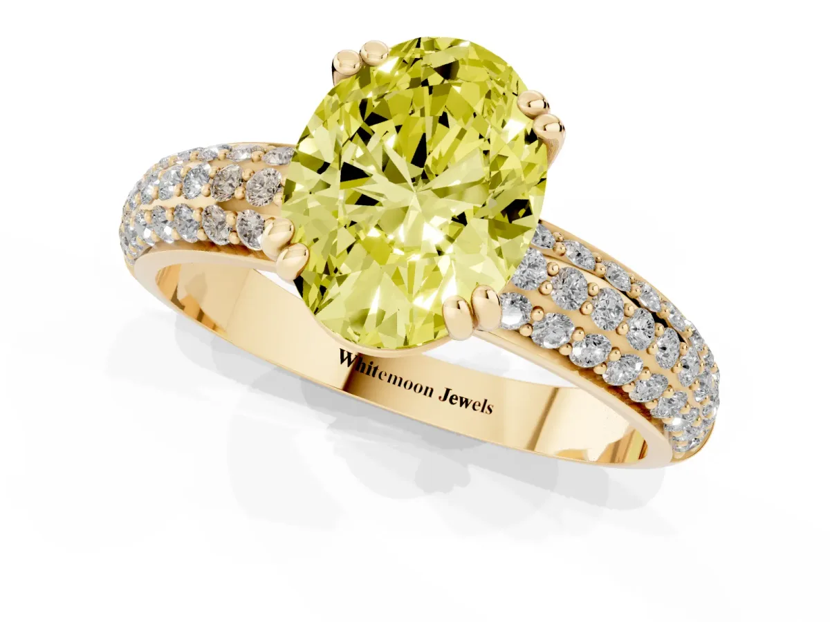Fancy Yellow Oval Cut Diamond Solitaire Ring with Multi-Row Round Pavé Band and Prong Setting Yellow gold