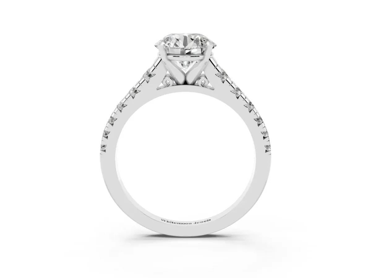 Round Cut Diamond Cathedral Solitaire Ring with Round Pavé Band Silver