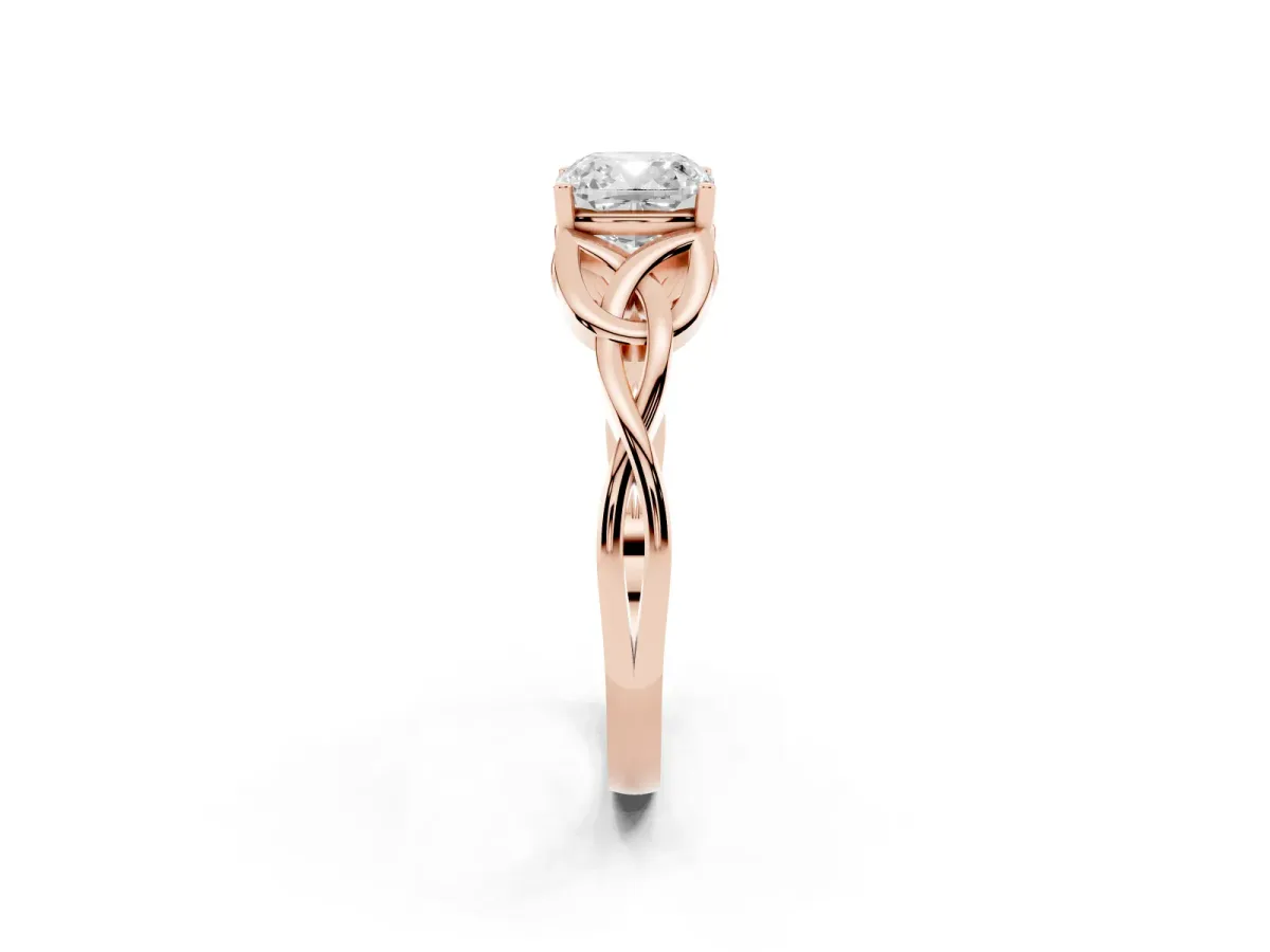 Cushion Cut Diamond Solitaire Engagement Ring with Celtic Knot Band and Four-Prong Setting Rose gold
