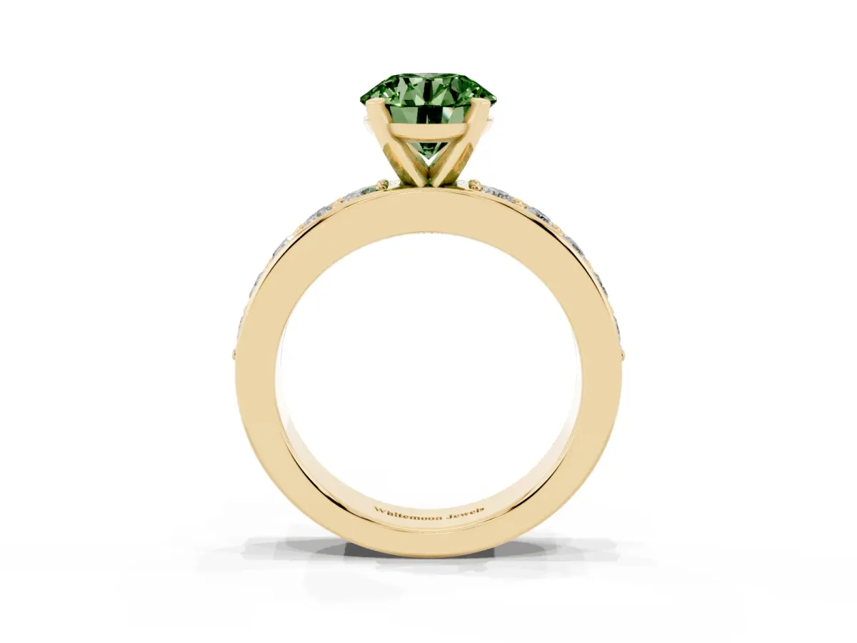 Fancy Green Round Cut Diamond Engagement Ring with Channel Set Round Band and Prong Setting Yellow gold
