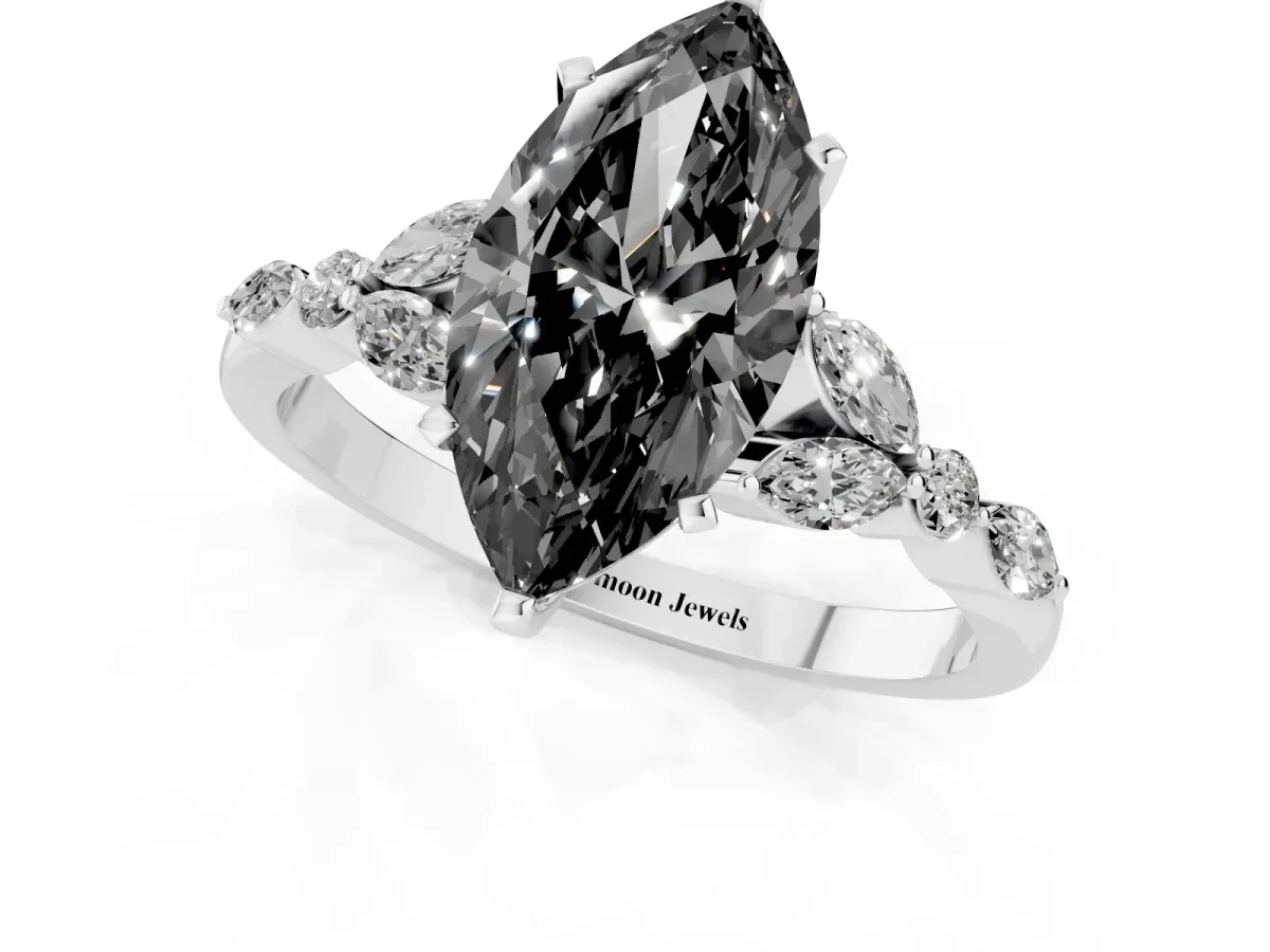 Fancy Black Marquise Cut Diamond Solitaire Ring with Side Stones and Four-Prong Setting Silver