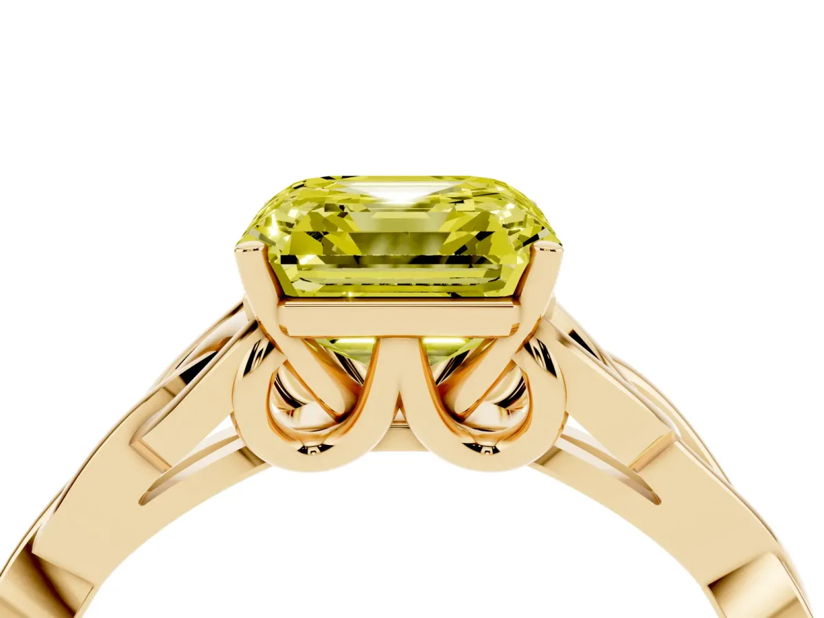 Fancy Yellow Asscher Cut Diamond Solitaire Engagement Ring with Celtic Knot Band and Four-Prong Setting Yellow gold