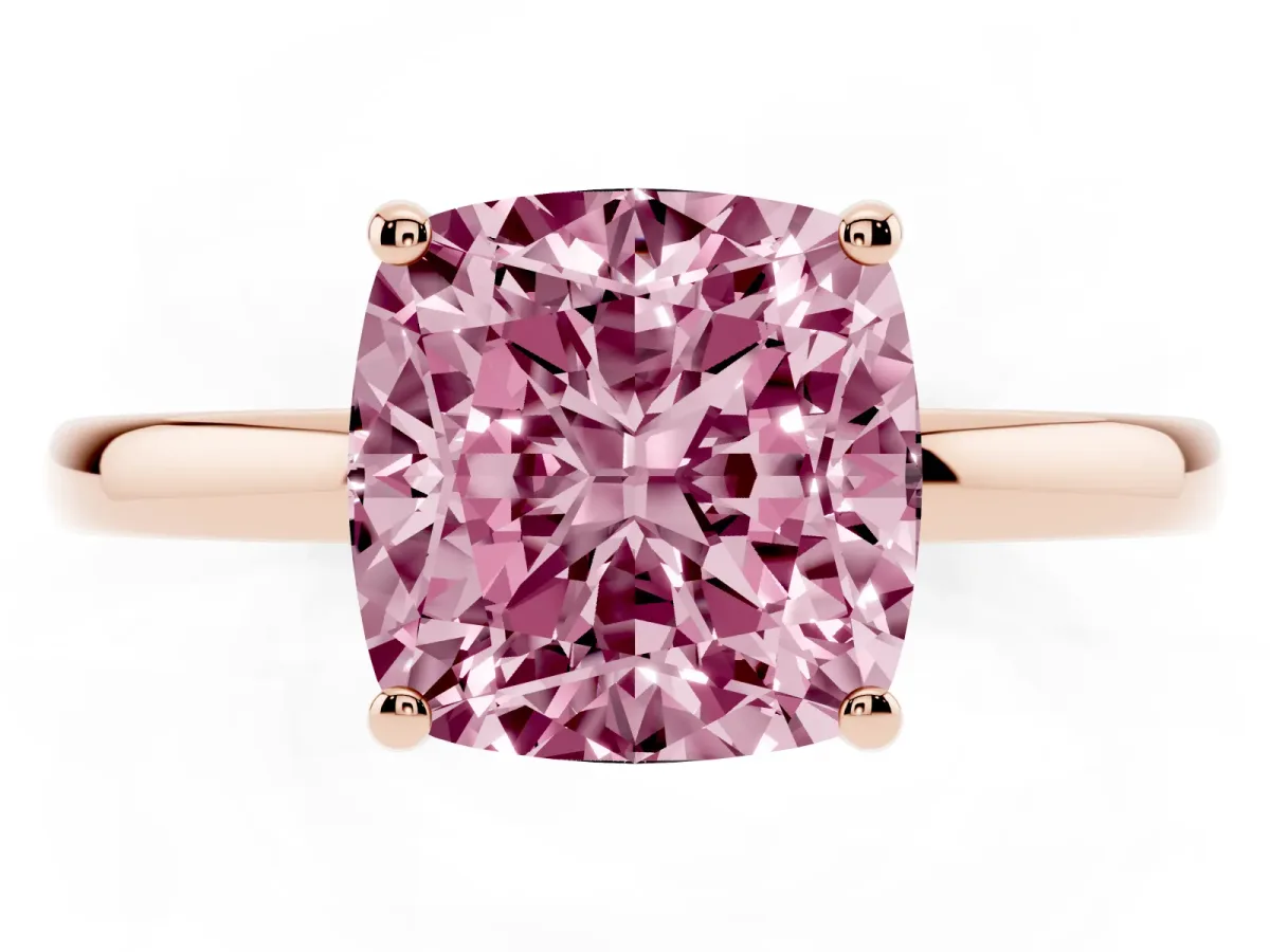 Fancy Pink Cushion Cut Solitaire Diamond Ring with Prong Setting and Plain Band Rose gold