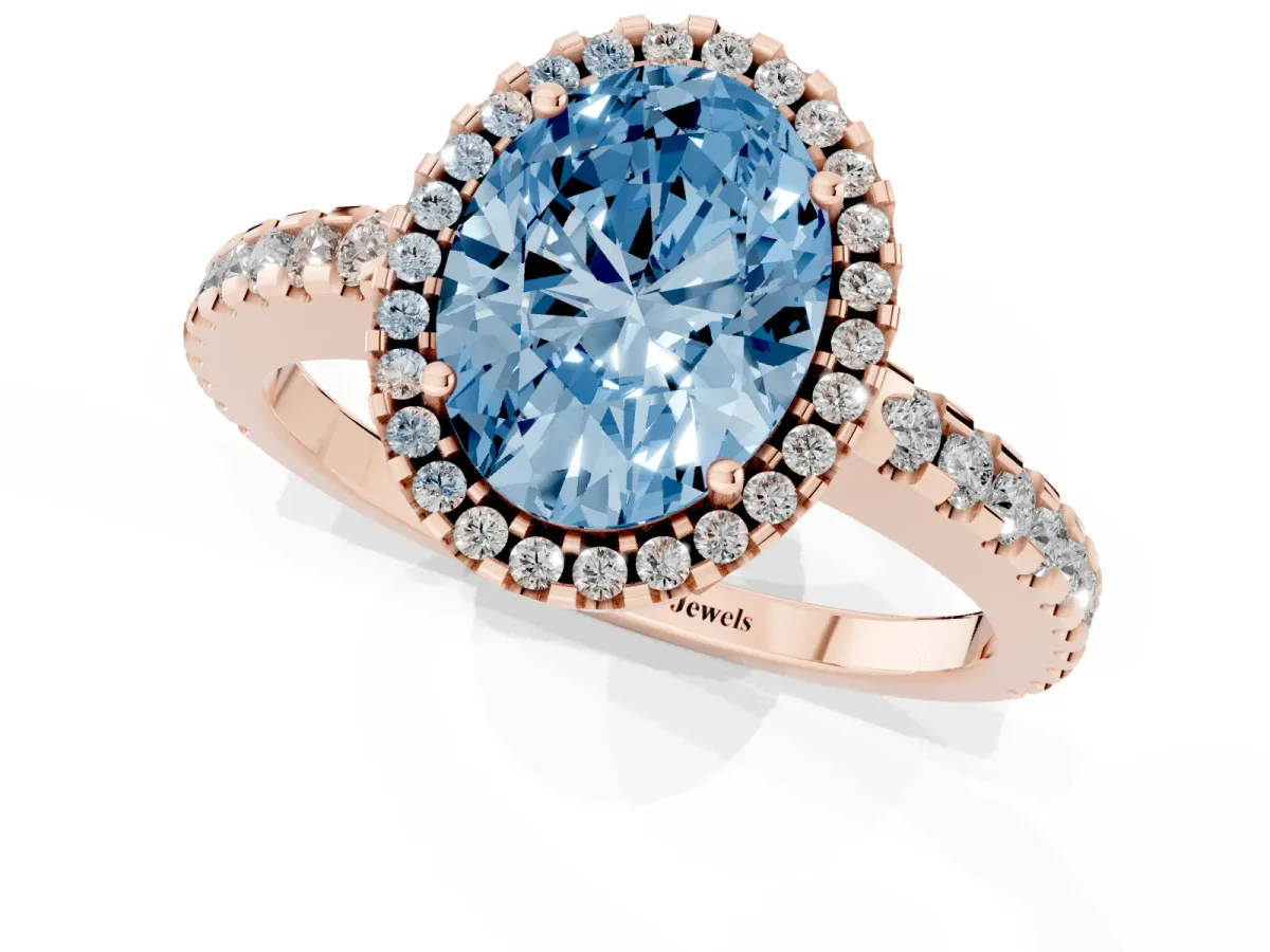 Fancy Blue Oval Cut Diamond Halo Engagement Ring with Pavé Band and Prong Setting Rose gold