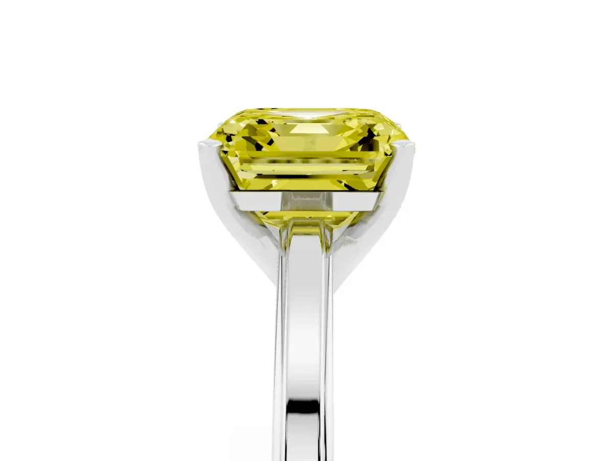 Fancy Yellow Asscher Cut Solitaire Diamond Ring with Four-Prong Setting and Classic Band Platinum