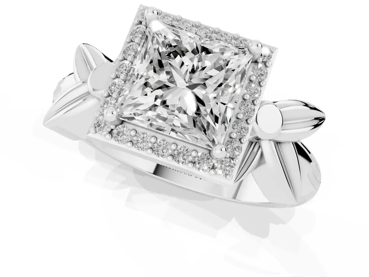 Princess Cut Halo Diamond Floral Band with Four-Prong Setting Platinum