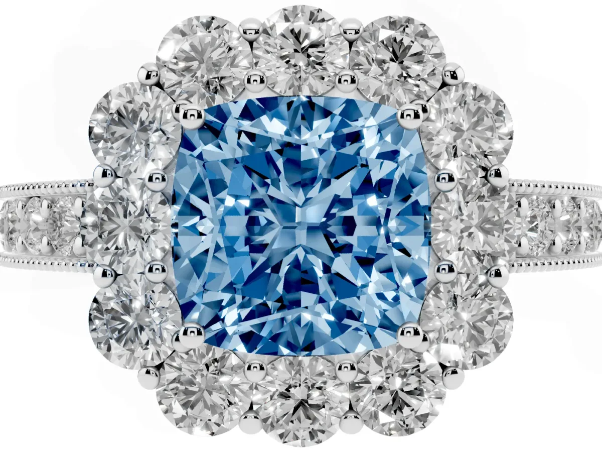 Fancy Blue Cushion Cut Cut Halo Diamond Pavé Engagement Ring with Milgrain Detailing Platinum