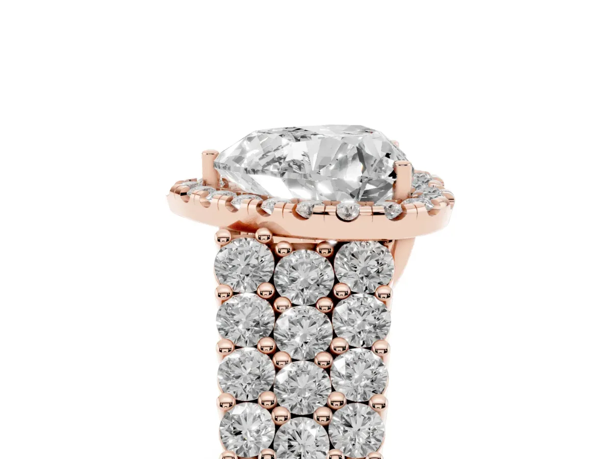 Heart Cut Diamond Halo Engagement Ring with Triple Row Round Pavé Band and Prong Setting Rose gold