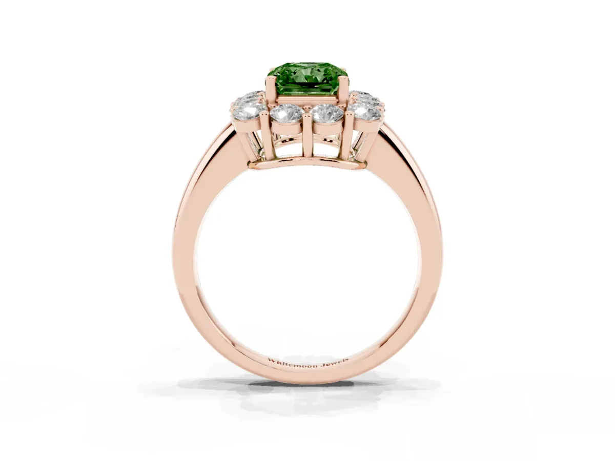 Fancy Green Radiant Cut Halo Cluster Diamond Engagement Ring with Prong Setting and Polished Band Rose gold