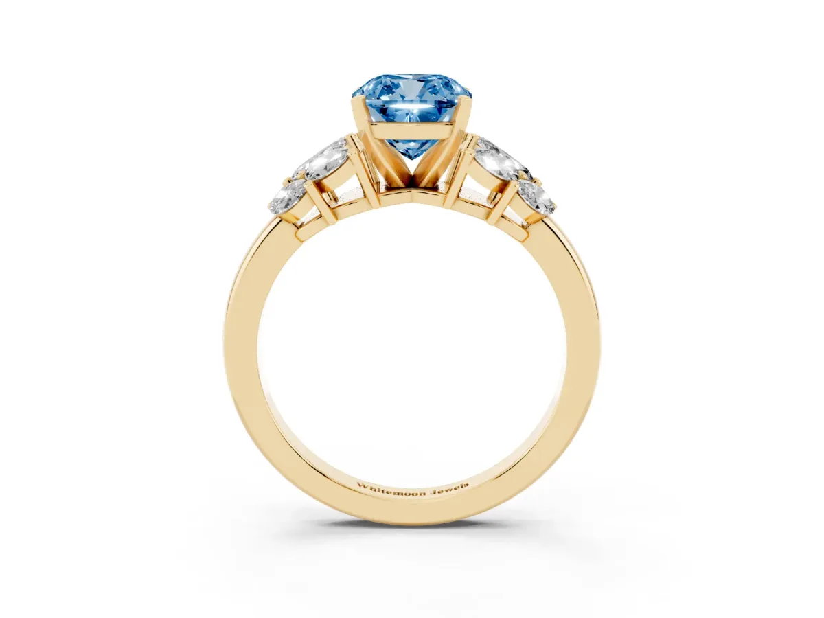 Fancy Blue Cushion Cut Diamond Cluster Leaf Design Ring with Prong Setting Yellow gold