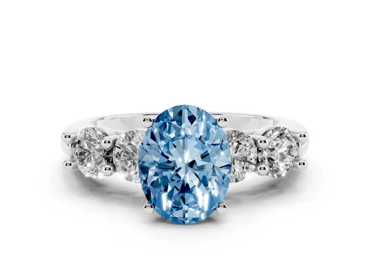 Fancy Blue Oval Cut Cut Five-Stone Prong Set Diamond Ring with Classic Band Silver