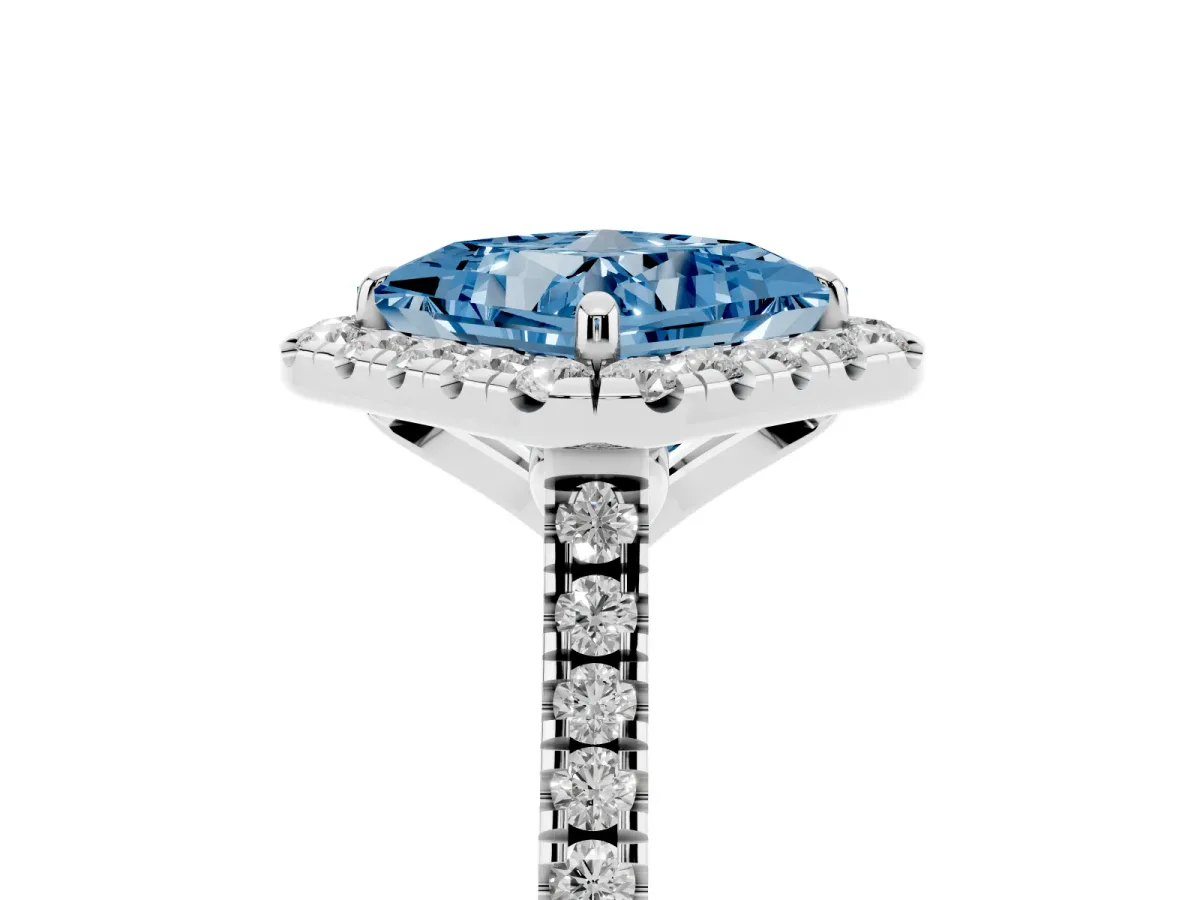 Fancy Blue Princess Cut Diamond Cushion Halo Ring with Pavé Band Silver