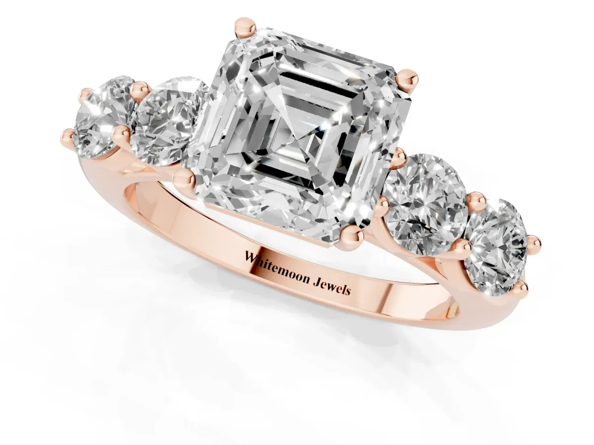 Asscher Cut Cut Five-Stone Prong Set Diamond Ring with Classic Band Rose gold