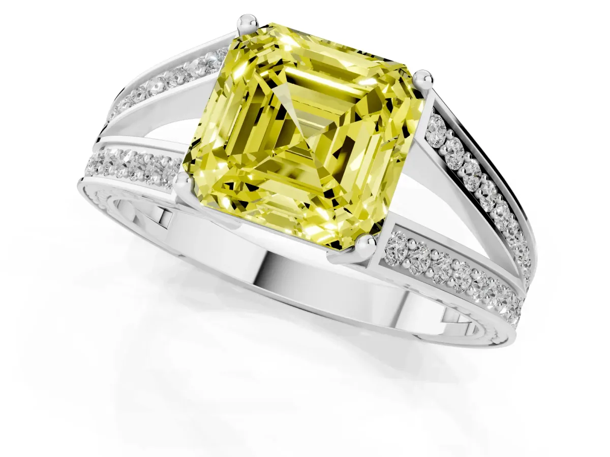 Fancy Yellow Asscher Cut Diamond Split Shank Ring with Pavé Band and Four-Prong Setting White gold