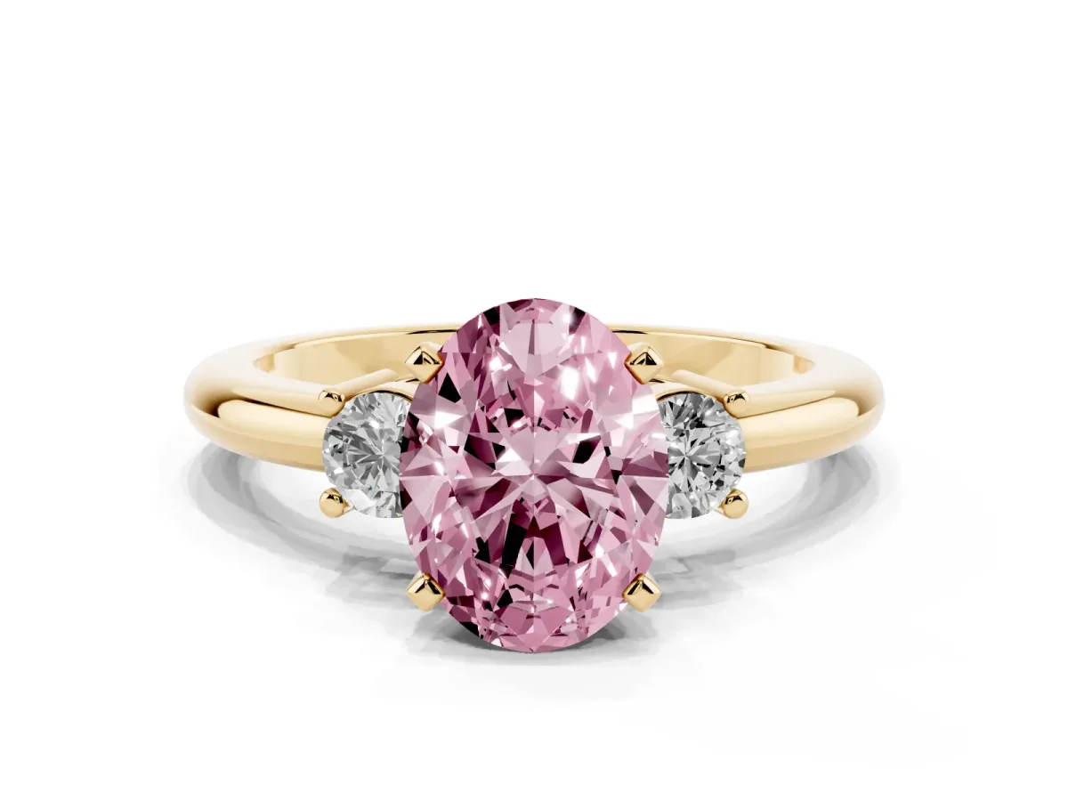 Fancy Pink Three-Stone Oval Cut Cut Diamond Solitaire with Prong Setting and Classic Band Yellow gold