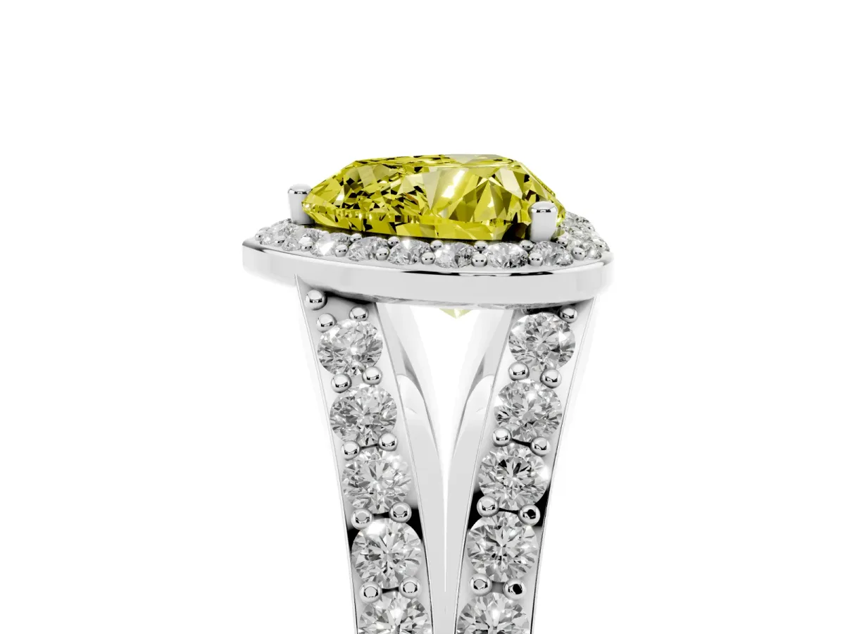 Fancy Yellow Heart Cut Diamond Split Shank Halo Ring with Four-Prong Setting Platinum